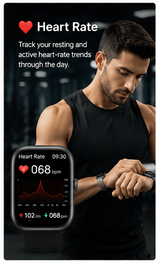 Health Watch Pro smartwatch showing heart rate on its screen